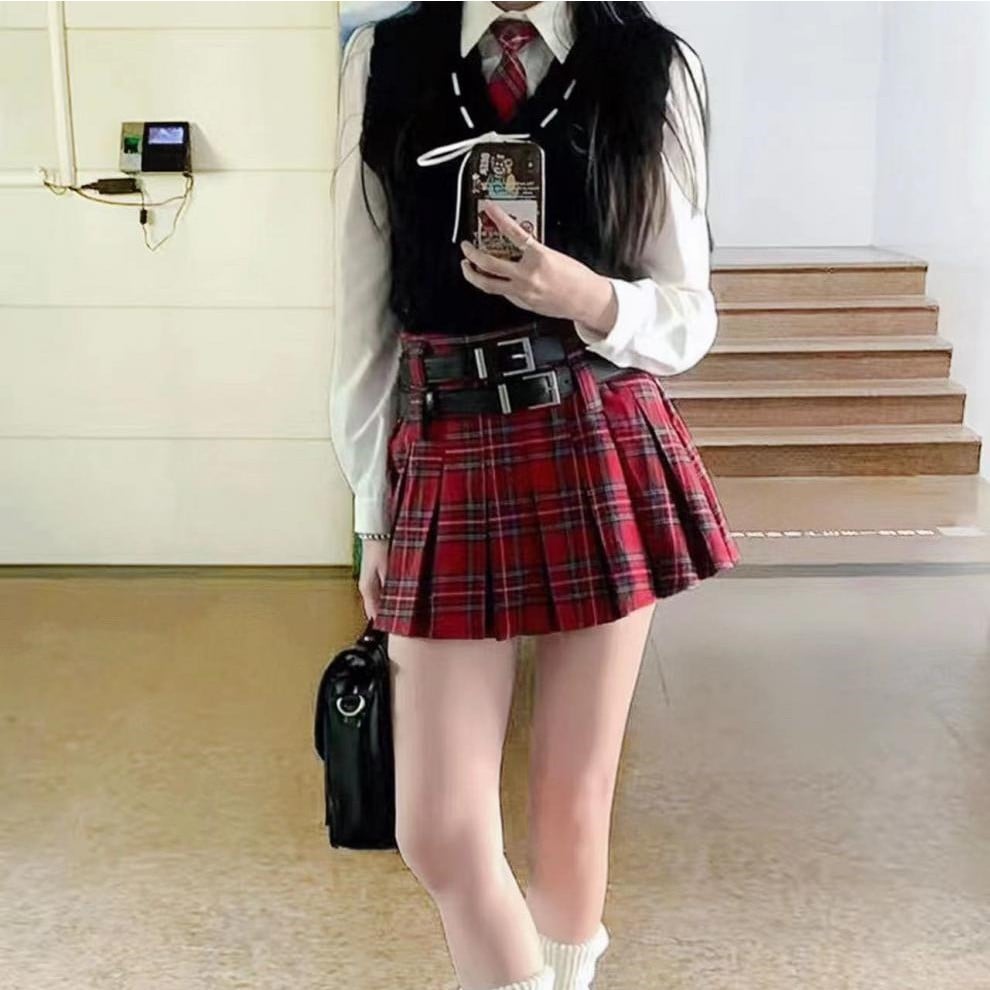 Versatile Double Belt Plaid Pleated Short Skirt