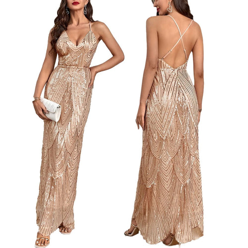Beige Sequin Backless Prom Gown